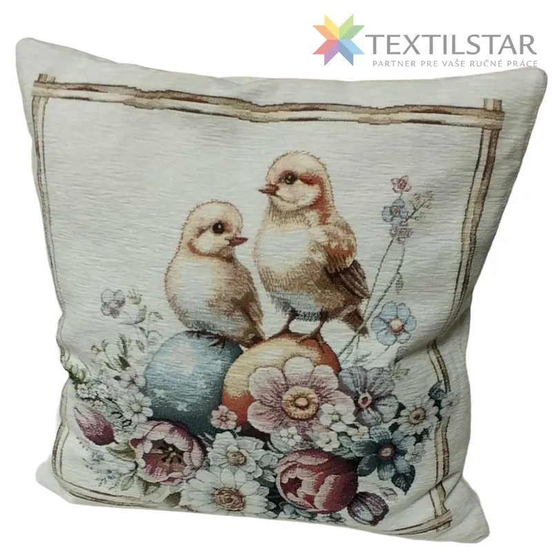 Gobelínová obliečka na vankúšik chenille 42x42 - Kuriatka s kraslicami