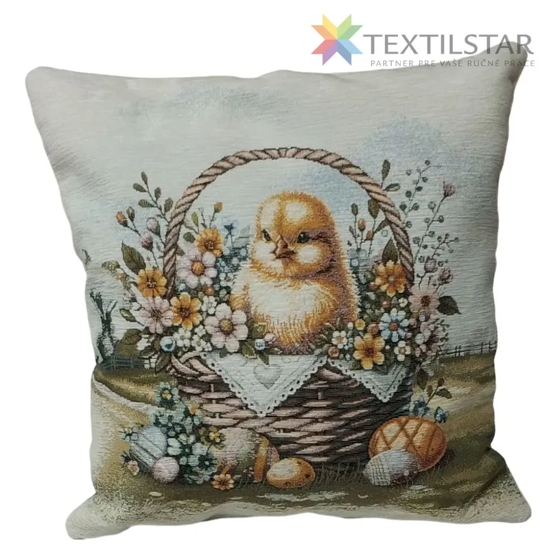 Gobelínová obliečka na vankúšik chenille 42x42 -Kuriatko v košíku