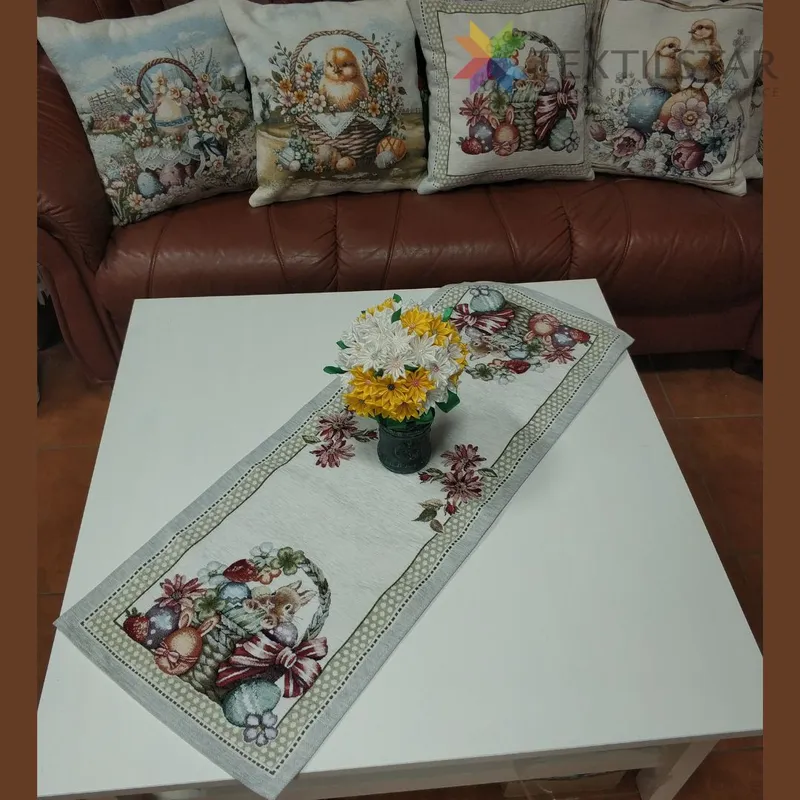 Gobelínová veľkonočná štóla chenille 40x100cm - Zajačik v košíku