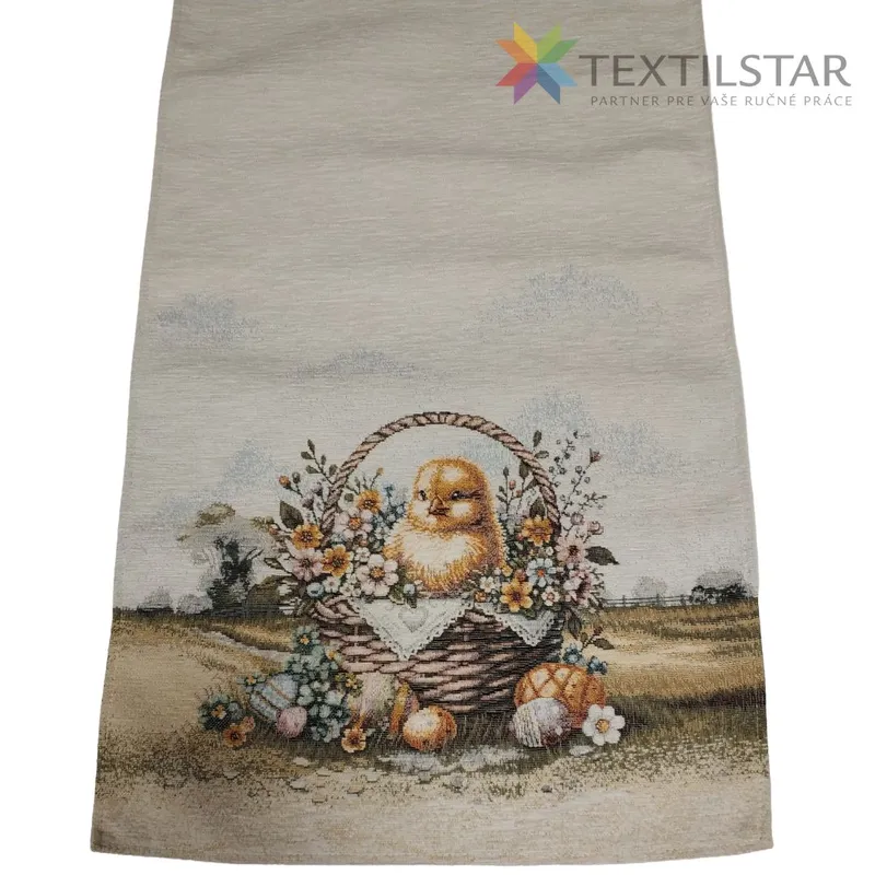 Gobelínová veľkonočná štóla chenille 40x140cm - Kuriatka v košíku