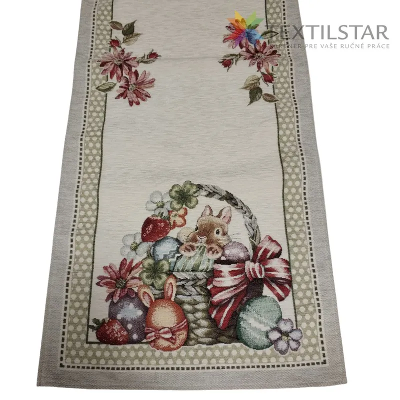 Gobelínová veľkonočná štóla chenille 40x140cm - Zajačik v košíku