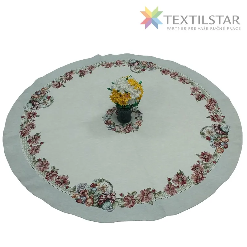 Gobelínový Veľkonočný  obrus chenille priemer 140cm Zajačik v košíku