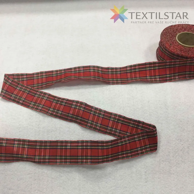 38mm, Galantéria, Stuhy, Vianočné stuhy, Vzorované stuhy - Károvaná stuha 40mm červená s drôtom