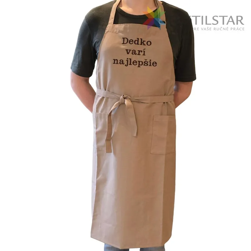 Kuchynská zástera s výšivkou Dedko varí najlepšie - svetlo hnedá