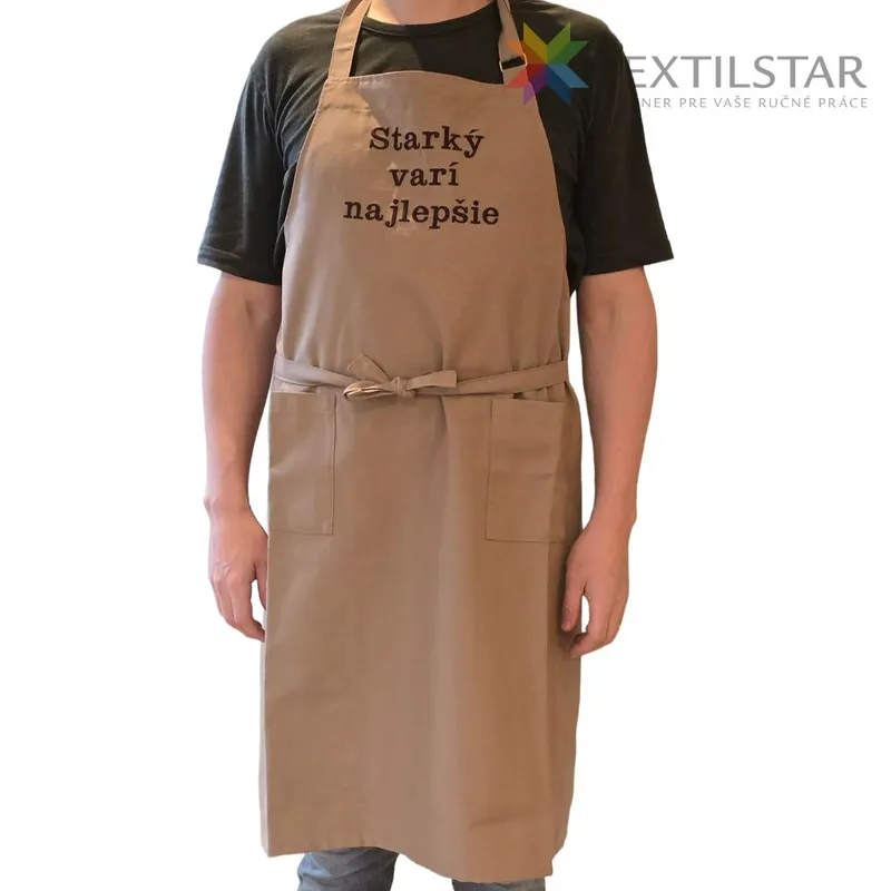 Kuchynská zástera s výšivkou Starký varí najlepšie - svetlo hnedá
