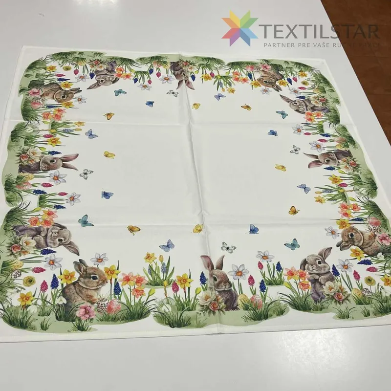 Velkonočný obrus 85x85 cm Zajkovia s lúčnymi kvietkami