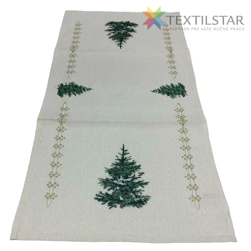 Bytový textil a dekorácie, Dekoračné obrusy, behúne, Obrusy a prestierania na stôl, Obrusy na stoly, Vianoce, Vianočné obrusy, Výrobky z našej dielne - Vianočný behúň - Zelené stromčeky na bielom podklade