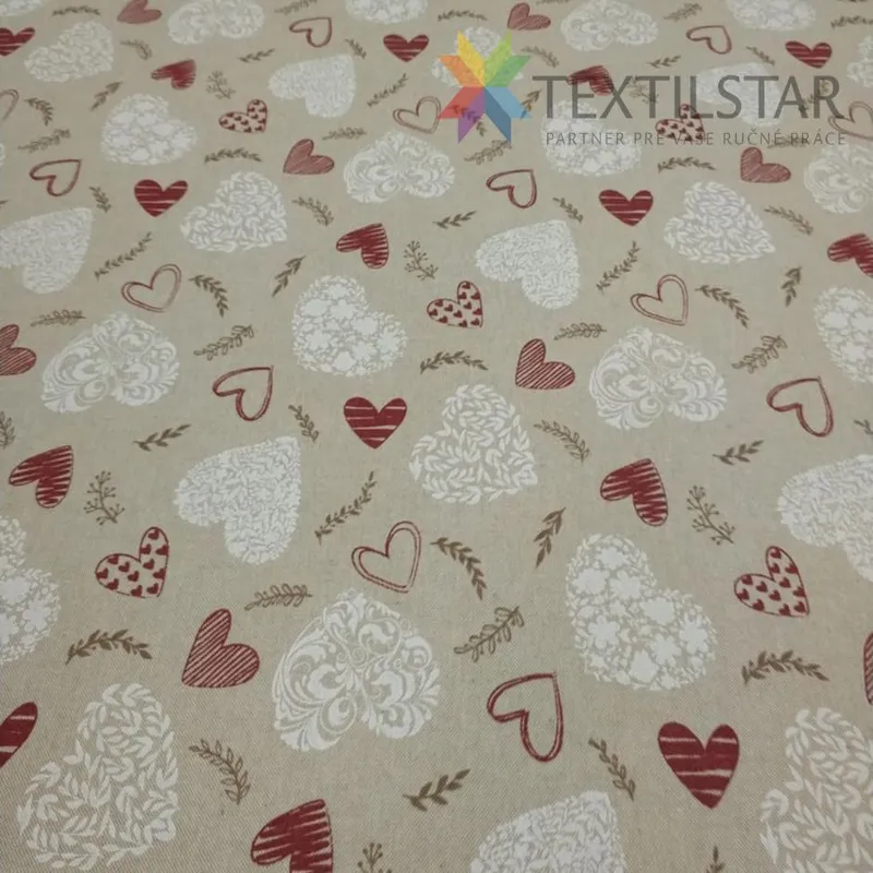 Vodeodolná látka Srdcia červené a biele na režnom podklade